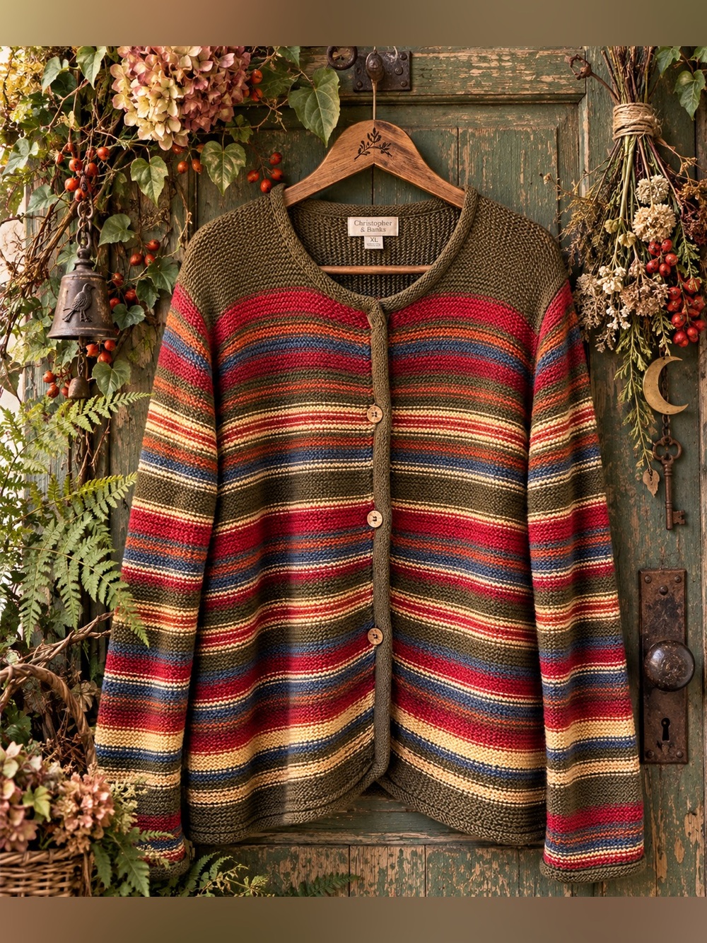 Vintage Christopher & Banks XL Ramie Cotton Striped Cardigan Folk Boho